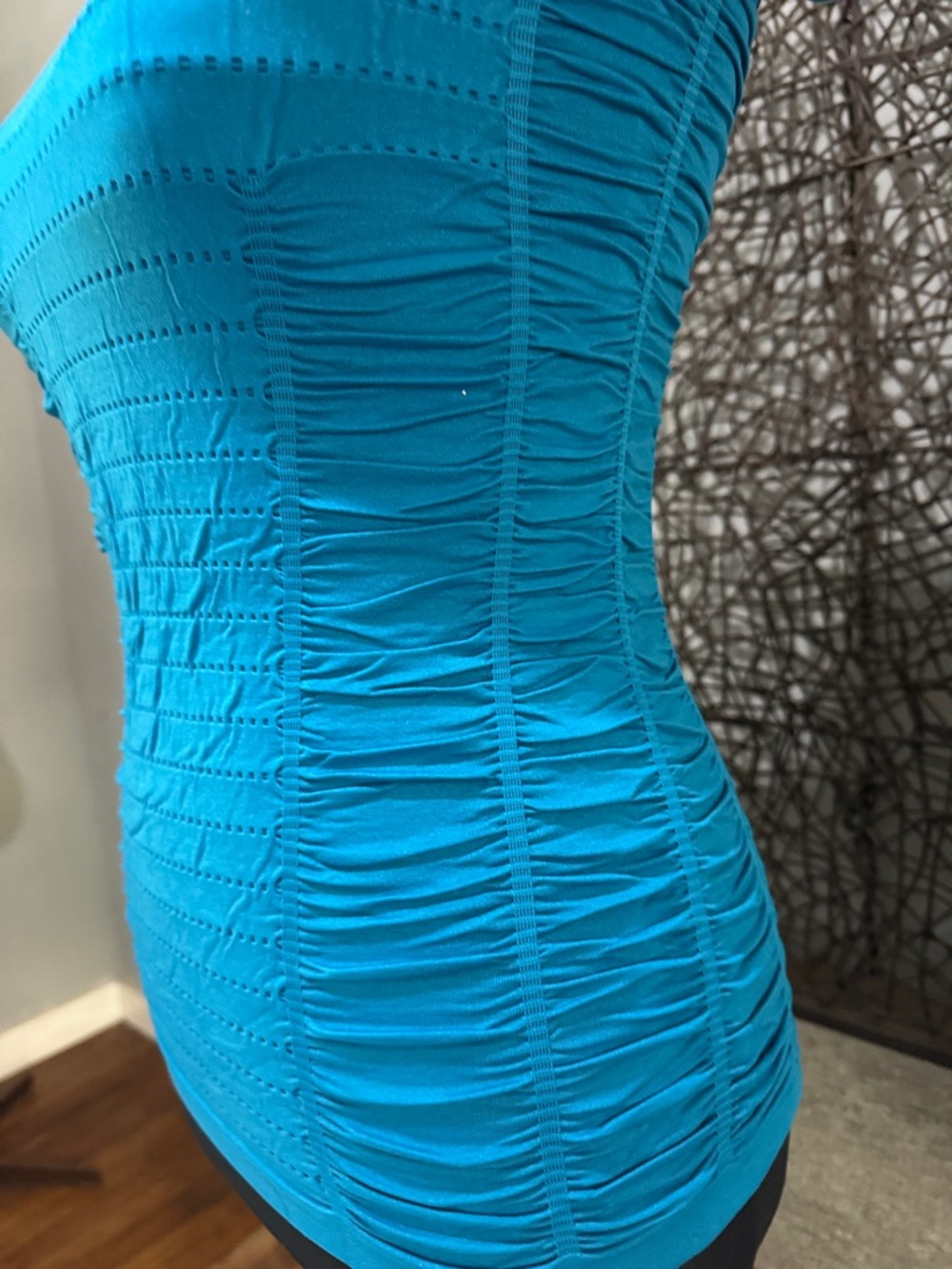 Teal Ruched Puff Sleeve Top Square Neck Fitted Stretch Blouse By Poof! S/M - Picture 4 of 6